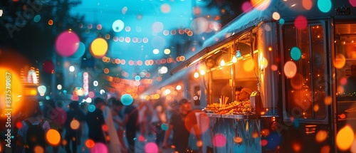 Blur of a crowd around a food truck, bokeh festival lights, fastpaced event, glowing party atmosphere 8K , high-resolution, ultra HD,up32K HD