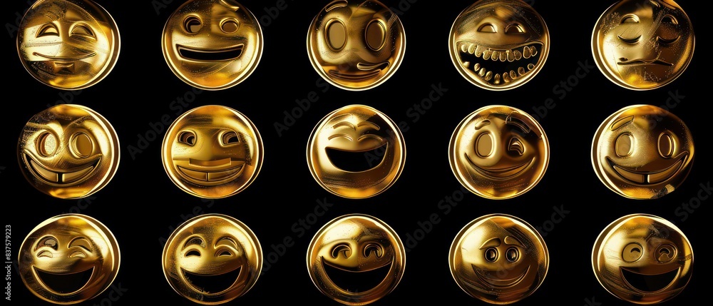 gold Emoji smiles edgy caricatures on black background gold Emoji smiles edgy caricatures on black background