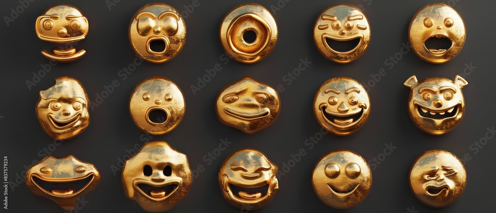 gold Emoji smiles edgy caricatures on black background gold Emoji smiles edgy caricatures on black background