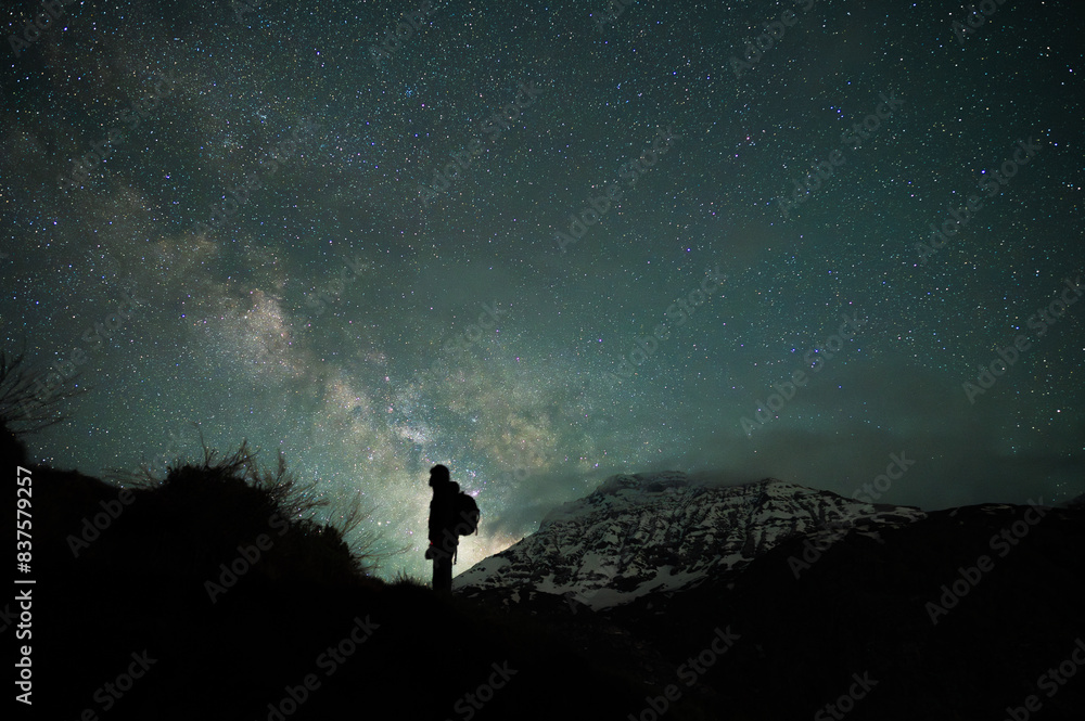 Fototapeta premium Stargazing Human in Universe, a boy under milky way, Himalayas, Stars, mountain, snow, Lahaul, Himachal Pradesh, India, 