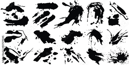 Black silhouette of spot with droplets, smudges, stains and splashes. Ink blot in grunge style set. Brush stroke texture. Dirt background. Vector illustration