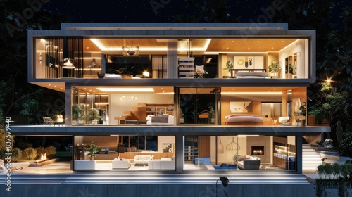 Fototapeta Naklejka Na Ścianę i Meble -  Modern house structure model, night section