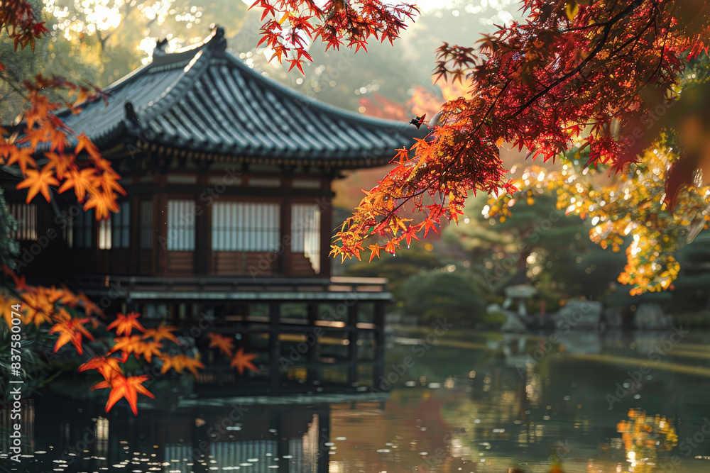 the landscape as the light shifts, focusing on the maple leaves and the traditional building at different times of the day the landscape as the light shifts, focusing on the maple leaves and the traditional building at different times of the day