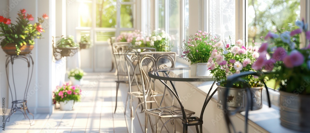 Summer terrace cafe with glass and metal tables and chairs, flower pots by the window Summer terrace cafe with glass and metal tables and chairs, flower pots by the window