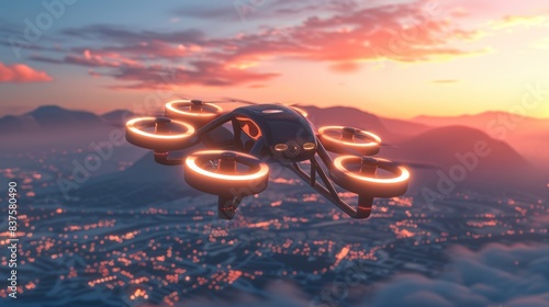 A Drones flying in the sky Work without a driver3D rendering image. photo