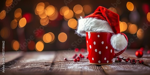 Christmas Saint Nicholas Day holiday celebration greeting card - Closeup of cup with Santa Claus hat on wooden table and bokeh lights in the, Generative AI photo