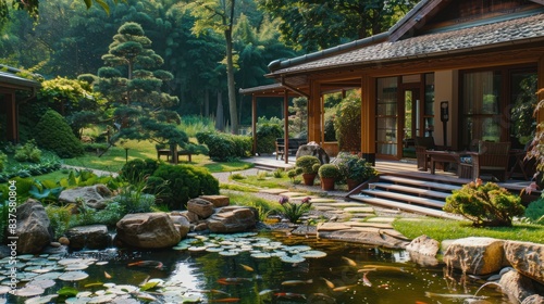 Japanese style garden with stream and koi pond © chutikan