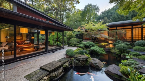 Japanese style garden with stream and koi pond