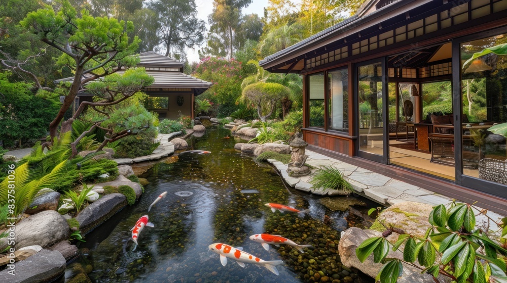 Fototapeta premium Japanese style garden with stream and koi pond