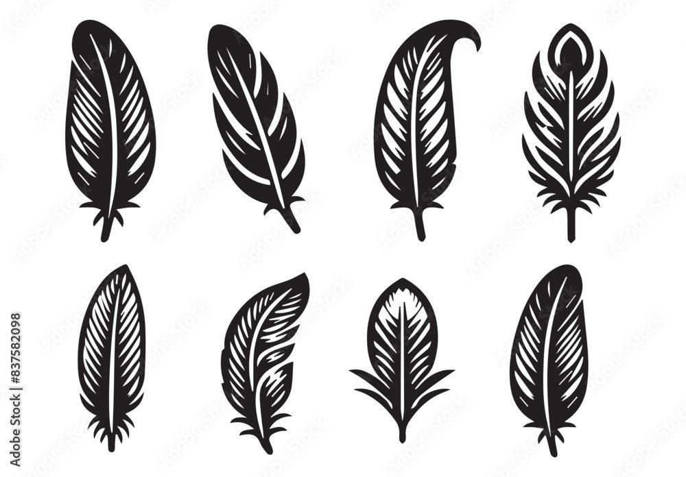 Obraz premium silhouette Feather Set icon type, distinct feather logo position, isolated on a white background