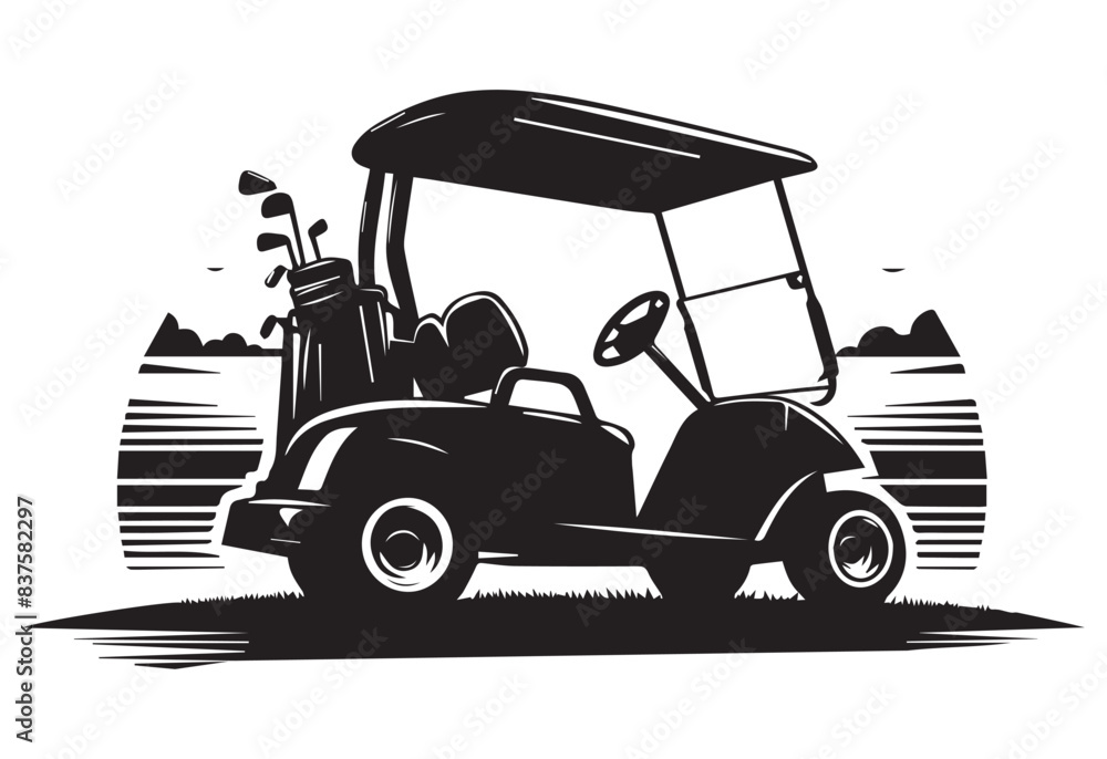 Fototapeta premium Golf cart vector silhouette in black on a white background.