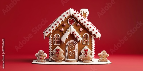 Christmas xmas advent gingerbread house celebration holiday greeting card - Gingerbreadhouse made of cookies and white icing, isolated on red background (Generative, Generative AI photo