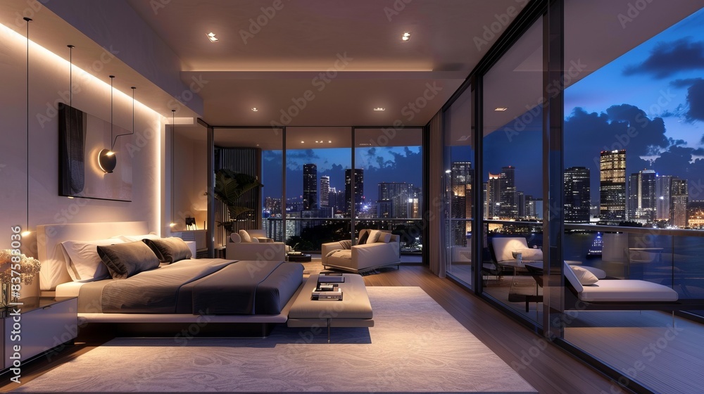 An elegant, modern bedroom with designer furniture, soft lighting, and a balcony offering stunning views of a sparkling city at night. An elegant, modern bedroom with designer furniture, soft lighting, and a balcony offering stunning views of a sparkling city at night.