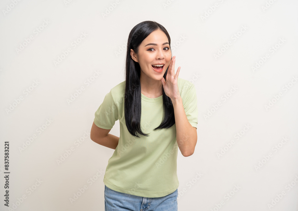 Wow Happy beautiful young asian woman excited pretty girl shout out loud wow with hands on mouth announcement standing pose looking camera on isolated white background. Wow Happy beautiful young asian woman excited pretty girl shout out loud wow with hands on mouth announcement standing pose looking camera on isolated white background.