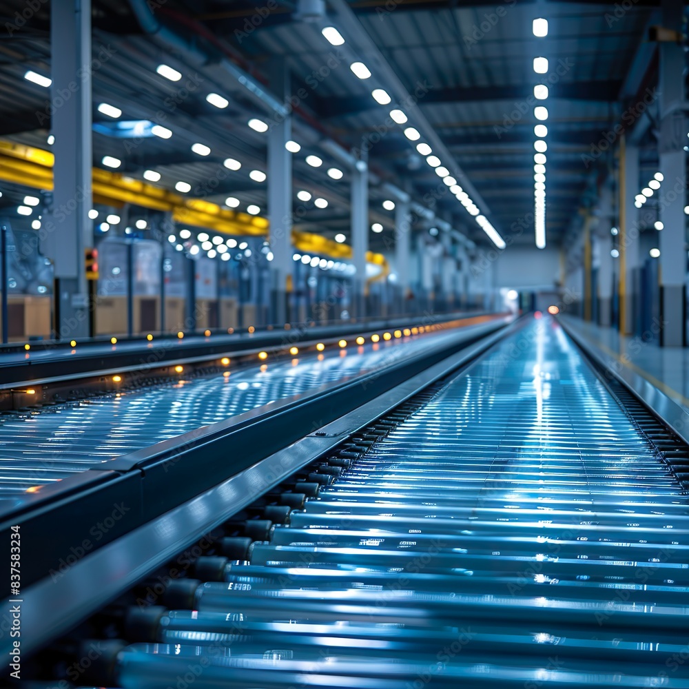 Naklejka premium Modern warehouses with automated conveyor belt sorting mechanisms with efficiently process parcels and prepare them for delivery