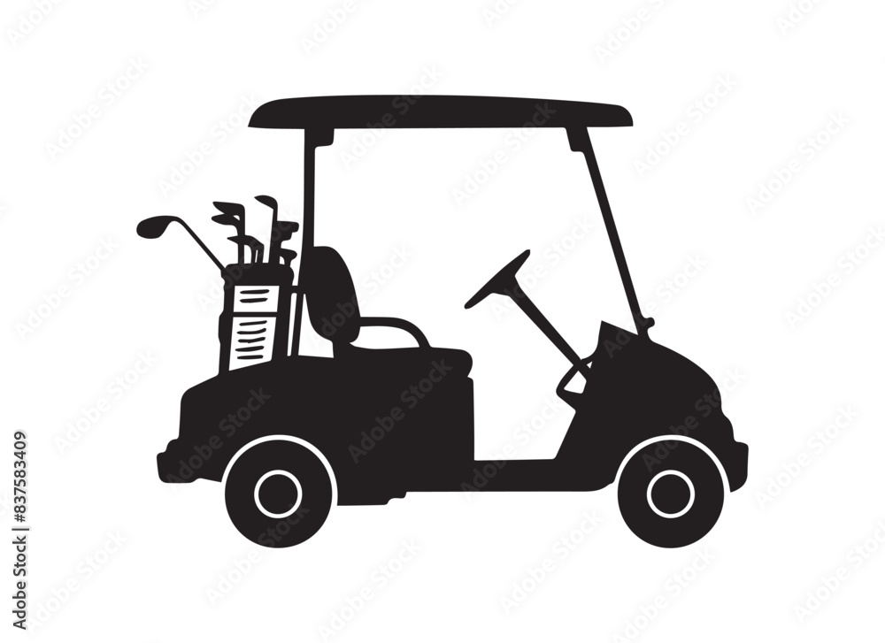 Fototapeta premium Golf cart vector silhouette in black on a white background.