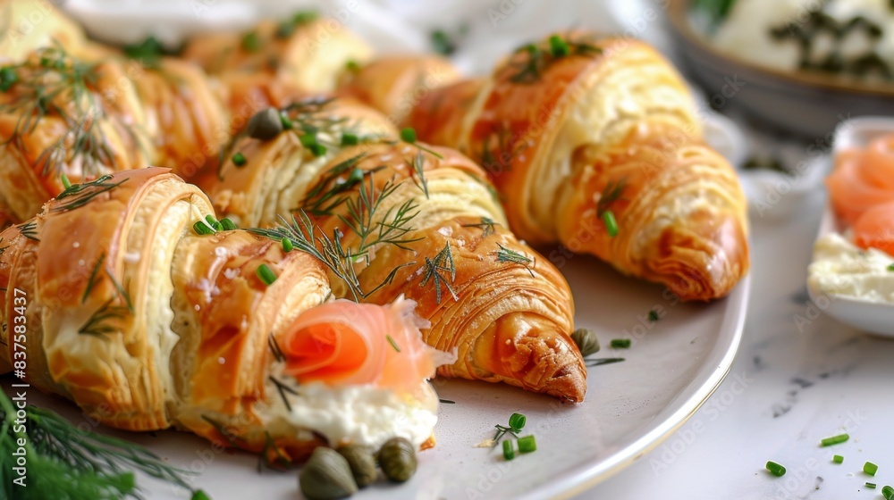 Elegant plate of smoked salmon croissants with cream cheese, garnished with fresh dill and capers, perfect for gourmet and brunch-themed visuals Elegant plate of smoked salmon croissants with cream cheese, garnished with fresh dill and capers, perfect for gourmet and brunch-themed visuals