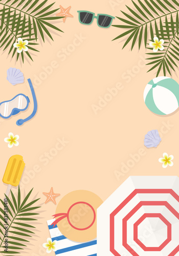 Summer Beach Background Vector Illustration from Top View for Banner, Poster, Flyer and Card Template. Flat Style Summer Beach  Vector.