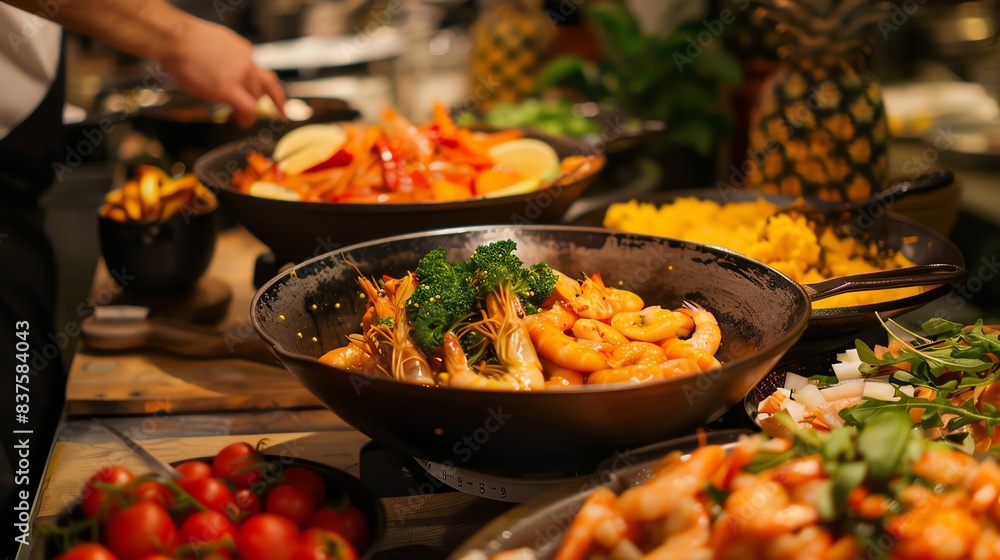 Fototapeta premium A delicious buffet of food, including shrimp, vegetables, and salads.