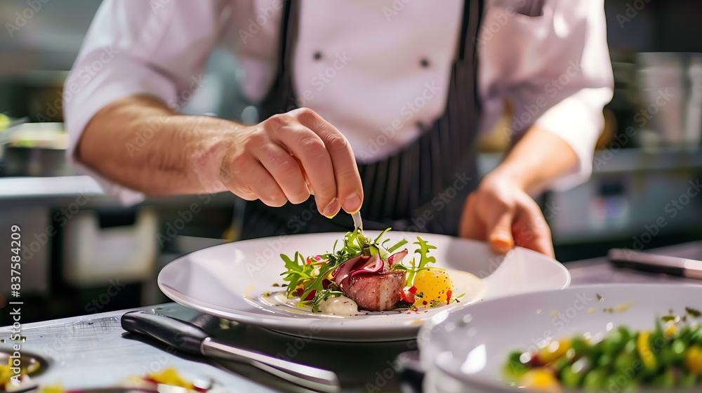 A chef carefully adding finishing touches to a plate of food, adding garnish for presentation. A chef carefully adding finishing touches to a plate of food, adding garnish for presentation.