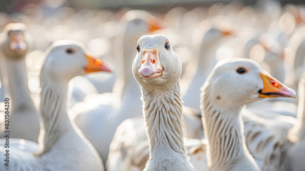 A flock of geese are standing in a field, with one of them looking at the camera A flock of geese are standing in a field, with one of them looking at the camera