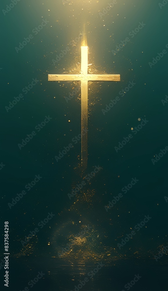 Naklejka premium minimalistic cross on the top of an abstract background, simple golden lines on dark green