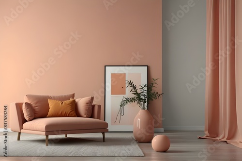 Peach fuzz ,empty room ,minimal interior livingroom. peach color paint wall. color of the year 2024 . Mockup background. 3d render