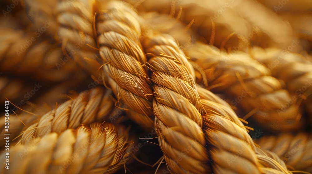 Close-up of strong twisted rope strands in golden hues, highlighting texture and detail Close-up of strong twisted rope strands in golden hues, highlighting texture and detail