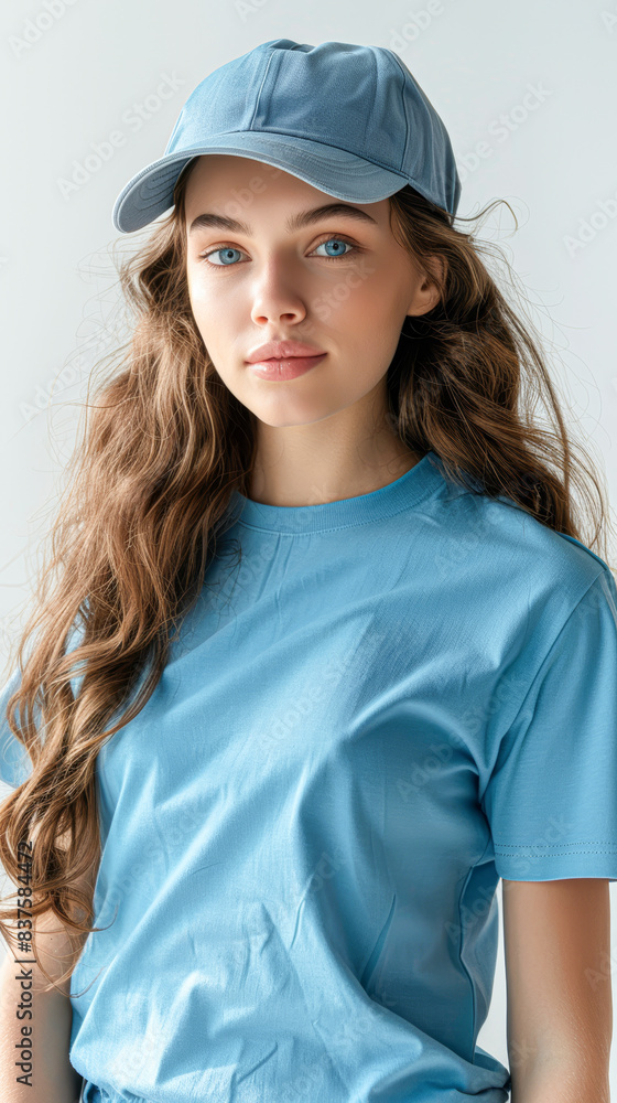 Stylish Merch Design Concept with Young Woman in Blue T-Shirt and Cap on White Background with Copy Space Stylish Merch Design Concept with Young Woman in Blue T-Shirt and Cap on White Background with Copy Space