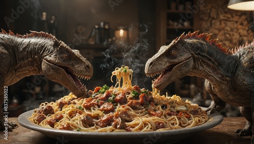Fototapeta Naklejka Na Ścianę i Meble -  Dinosaurs Sharing a Plate of Noodles