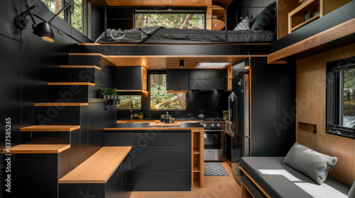 Luxury black tiny house with a bed, a couch, and a kitchen, modern interior design © Sunday Cat Studio