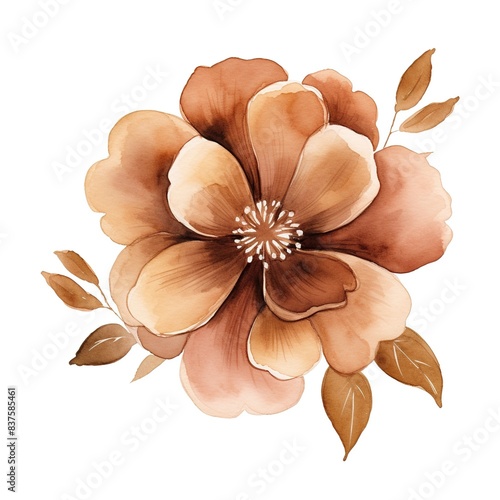 Watercolor boho flower with brown petals and leaves