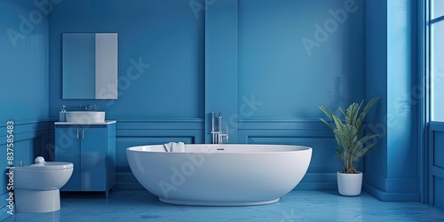 bathroom  blue walls  bathtub  toilet and sink  small cupboard