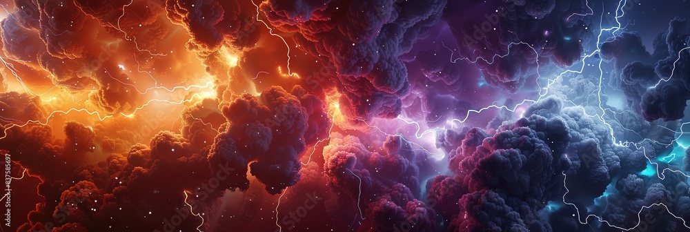 Fototapeta premium 3d rendering of colorful nebula with clouds and lightning, fantasy space background