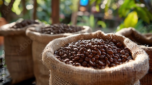 Freshly roasted coffee beans in burlap sacks. The burlap sacks are sitting on a wooden table. The background is a blurred out coffee plantation. photo
