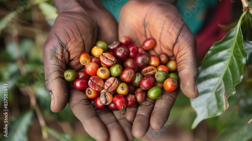 Close-up of a handful of colorful coffee beans in a farmer's hands.