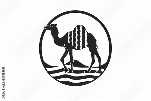 Black and white silhouette of a camel in a circle against a desert background. photo