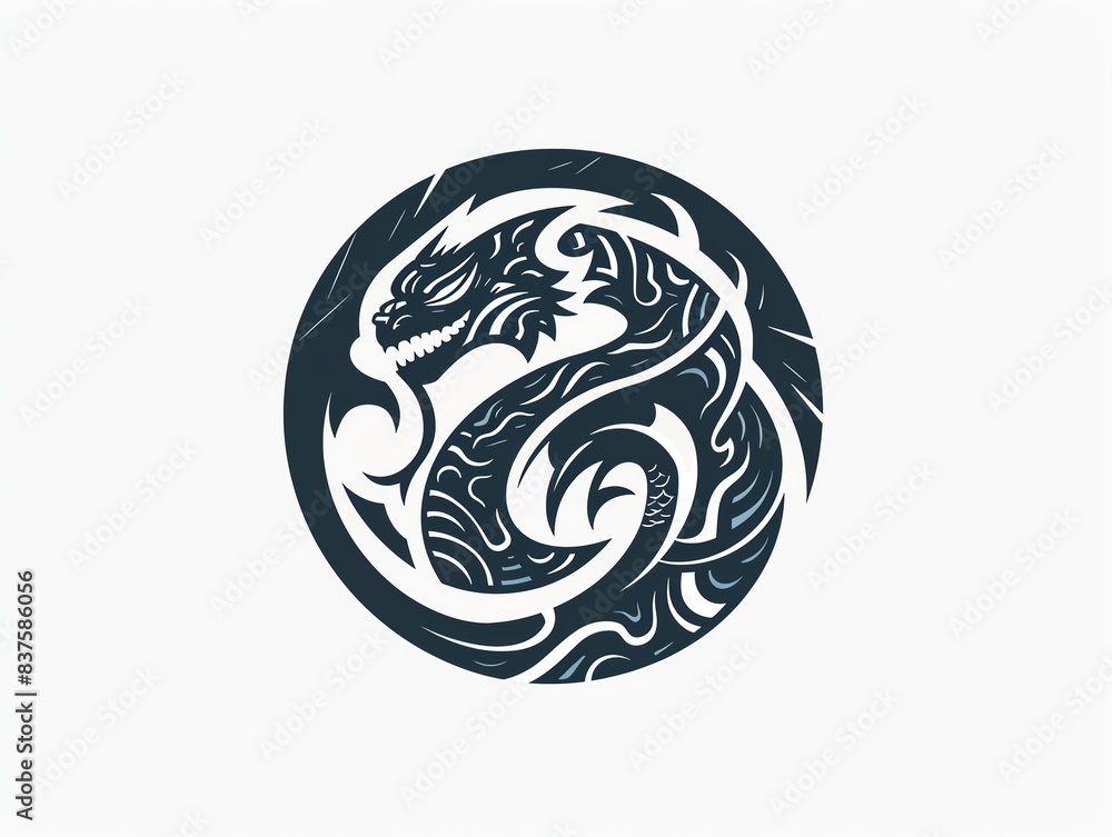 Black and white tribal dragon design in a circle. Black and white tribal dragon design in a circle.