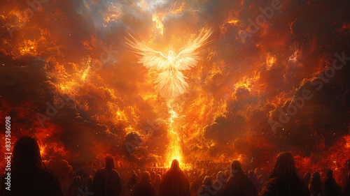 Pentecost. The descent of the Holy Spirit on the followers. People in front of a bright fire with white dove. Digital painting.generative ai