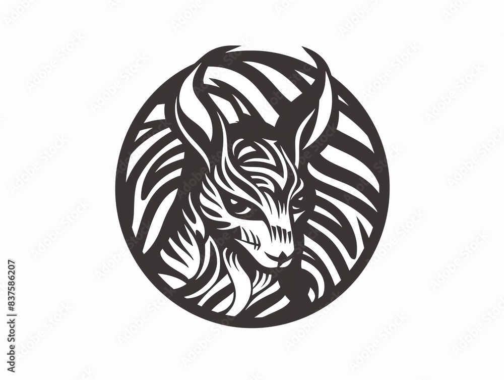 Black and white stylized illustration of a cat's head with stripes. Black and white stylized illustration of a cat's head with stripes.