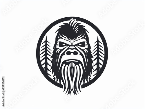 Black and white illustration of a Bigfoot face with trees behind it.