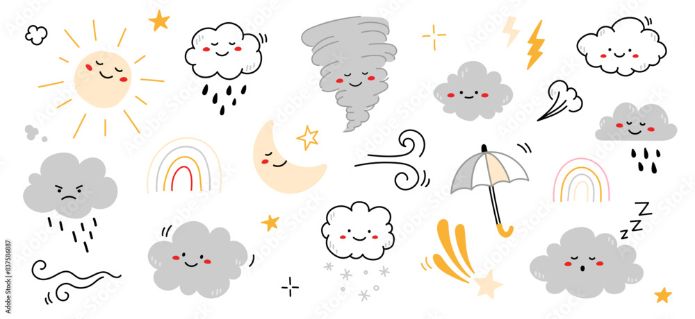 Cloud rain weather cartoon cute set. Cloud, sun, moon weather character with smile and angry face. Hand drawn doodle sketch style. Rainbow, wind, tornado doodle character. Vector illustration. Cloud rain weather cartoon cute set. Cloud, sun, moon weather character with smile and angry face. Hand drawn doodle sketch style. Rainbow, wind, tornado doodle character. Vector illustration.
