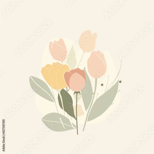 Minimalist illustration of a bouquet of pink and yellow tulips with green leaves.