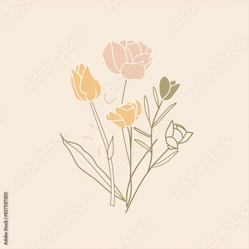 Minimalist line art floral bouquet with peach, yellow, and green tones.
