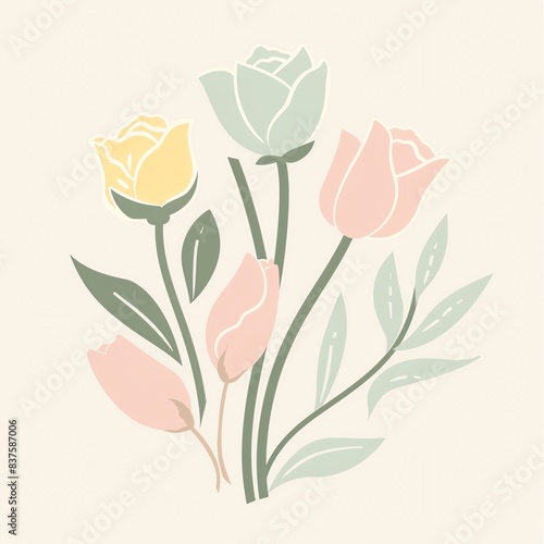Minimalist illustration of a bouquet of pastel roses and leaves.