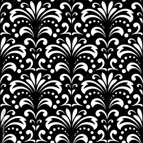 Wallpaper in the style of Baroque. Seamless vector background. White and black floral ornament. Graphic pattern for fabric, wallpaper, packaging. Ornate Damask flower ornament.
