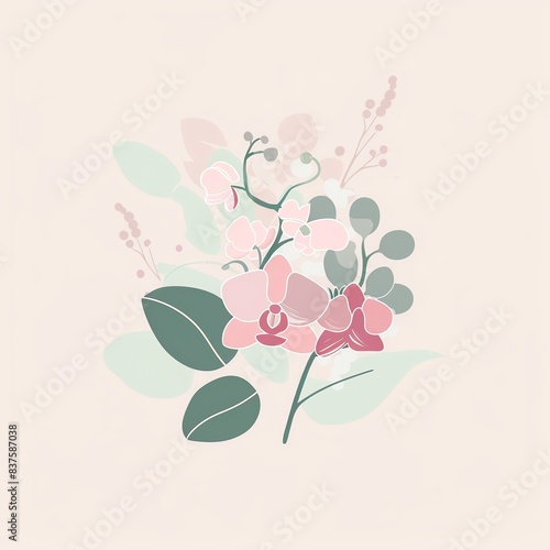 Delicate pink orchid flower bouquet with green leaves on a pale background.