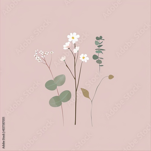 Simple illustration of white flowers and eucalyptus leaves on a pink background.