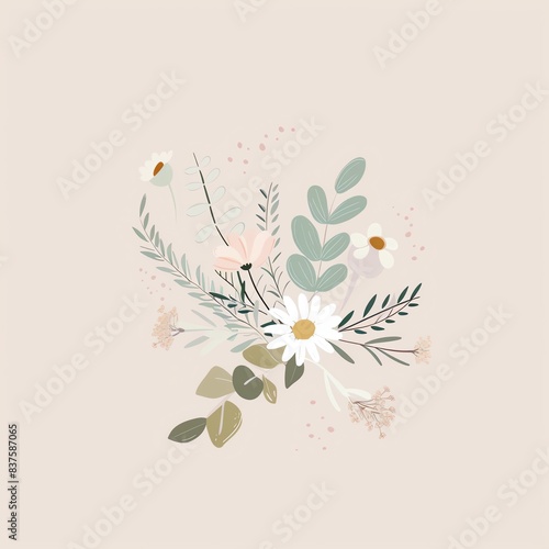 Elegant floral bouquet with white and pink flowers, green leaves, and a soft background.