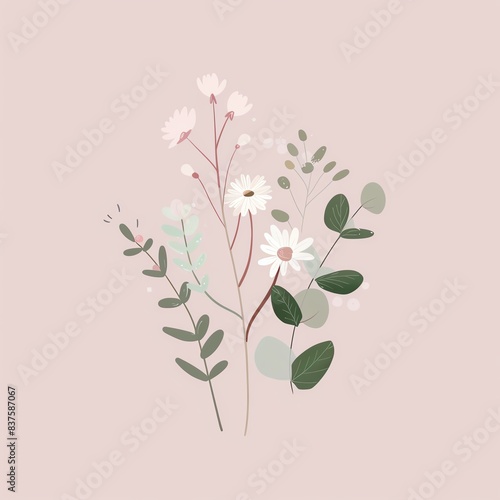 Simple floral arrangement with white flowers and green leaves on a pink background